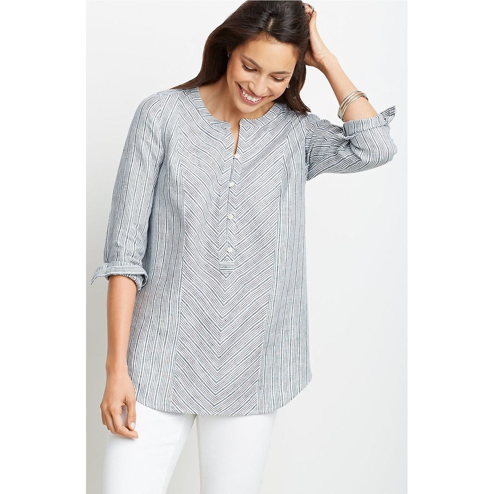 J.Jill Tunic Love Linen Large Grey White Striped Henley V-Neck Long Sleeve Shirt